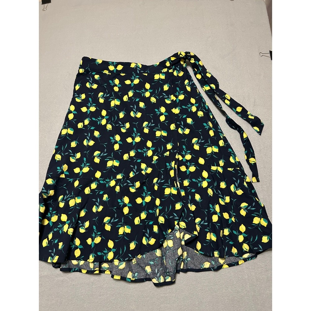 Banana Republic Lemon Print Wrap Midi Skirt Navy Blue Yellow Petite 6P NWT